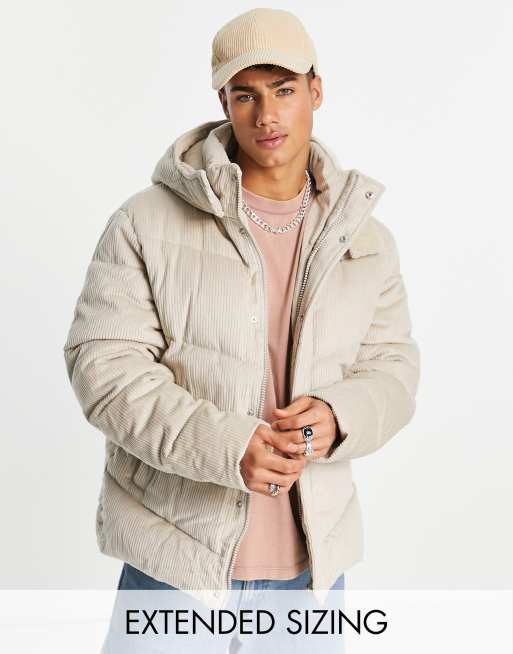 ASOS DESIGN – Beige pufferjacka i manchester med huva