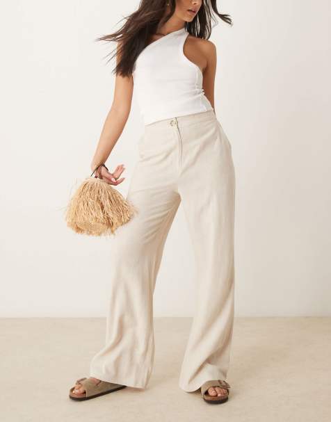 ASOS DESIGN – Beige, raka byxor i linnemix med avslappnad passform - view 1