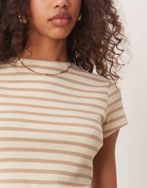 ASOS DESIGN – Beige, randig, kort t-shirt med våffeltextur, del av set, 4 av 4