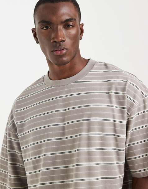 ASOS DESIGN – Beige, randig, kraftig t-shirt i oversized fit med textur - view 1