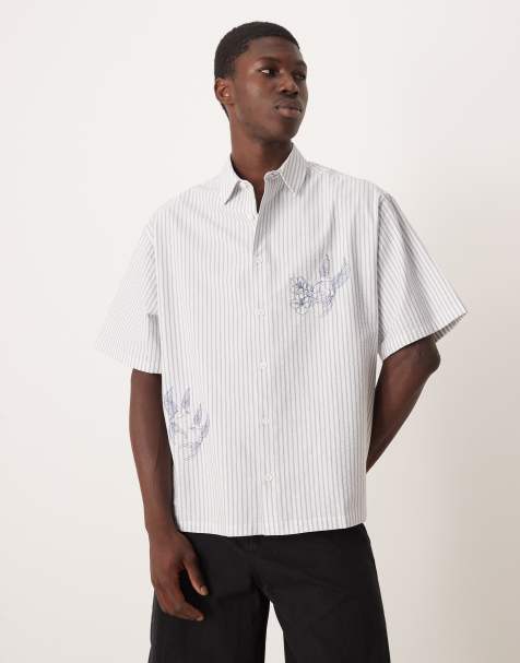 ASOS DESIGN – Beige, randig, oversized skjorta av bäckebölja med broderi - view 1