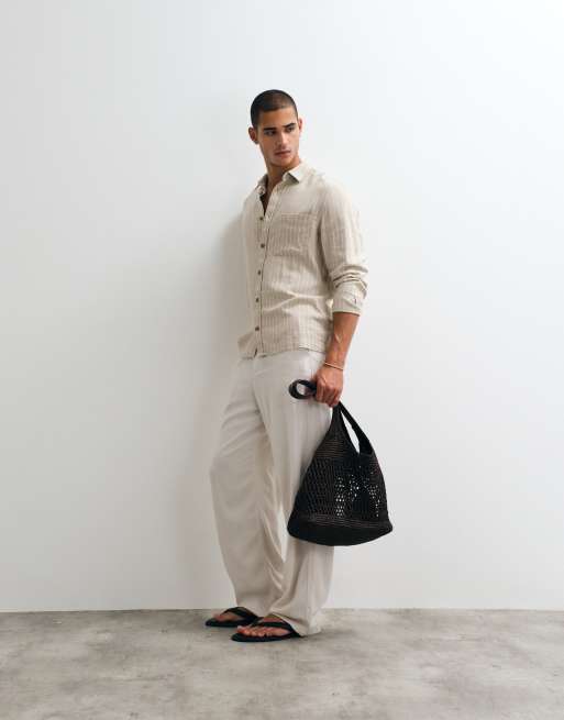 ASOS DESIGN – Beige, randig skjorta i linnemix och regular fit, del av set, 2 av 5