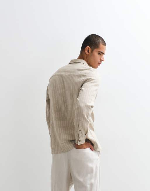 ASOS DESIGN – Beige, randig skjorta i linnemix och regular fit, del av set, 5 av 5