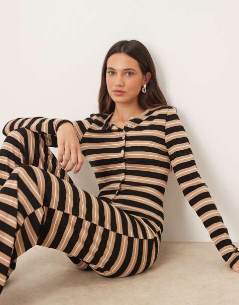 ASOS DESIGN – Beige, randig topp med långa ärmar och knäppning - view 1