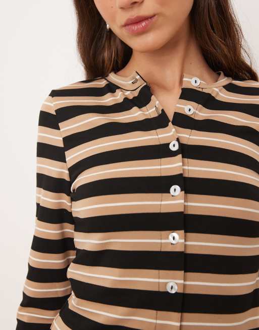 ASOS DESIGN – Beige, randig topp med långa ärmar och knäppning, 2 av 4