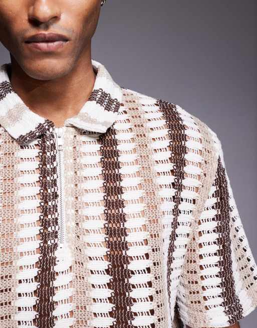 ASOS DESIGN – Beige, randig, virkad pikétröja med dragkedja och boxig, avslappnad passform , 2 av 4