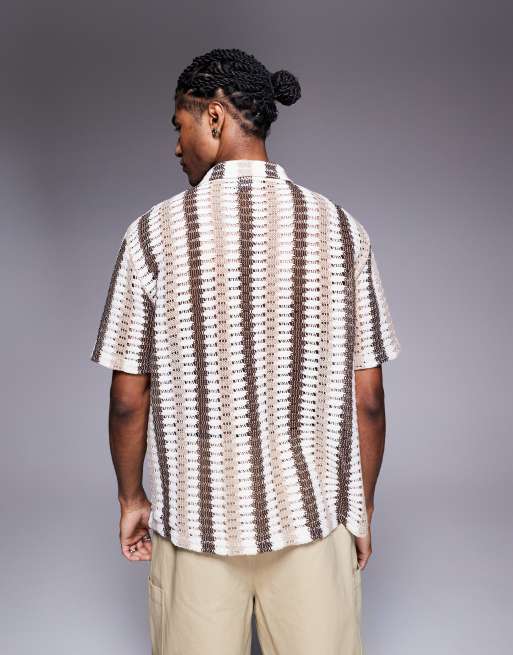 ASOS DESIGN – Beige, randig, virkad pikétröja med dragkedja och boxig, avslappnad passform , 4 av 4