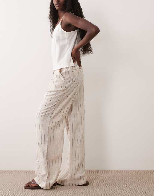 ASOS DESIGN – Beige, randiga byxor i linnemix med vida ben och veck, 2 av 5
