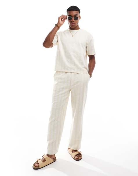 ASOS DESIGN – Beige, randiga byxor med bagggy-stil och dragsko i midjan, del av set - view 1