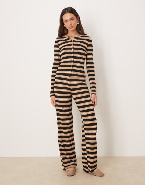 ASOS DESIGN – Beige, randiga byxor med vida ben, del av set - view 1