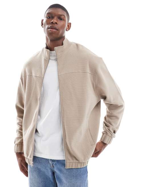 ASOS DESIGN – Beige, ribbad harringtonjacka i oversize och jersey