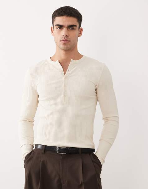 ASOS DESIGN – Beige, ribbad, kraftig t-shirt i muscle fit med långa ärmar och henleykrage - view 1