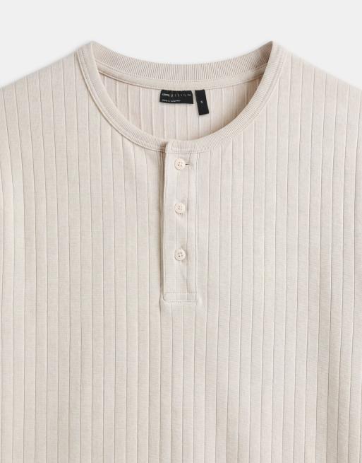 ASOS DESIGN – Beige, ribbad, kraftig t-shirt i regular fit med henleykrage, 9 av 9