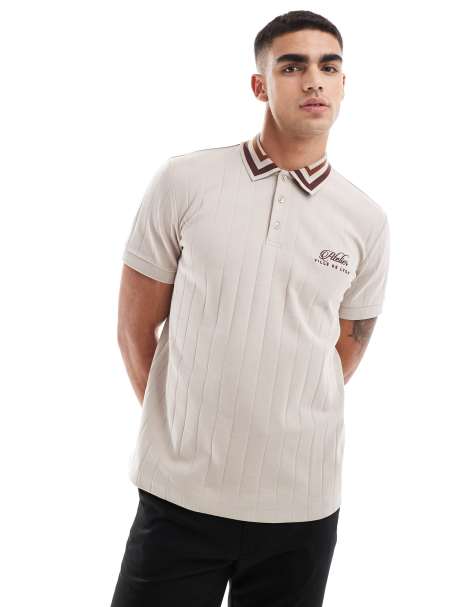 ASOS DESIGN – Beige, ribbad pikétröja med broderi framtill och kantrand på kragen - view 1