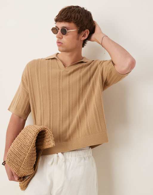 ASOS DESIGN – Beige, ribbad, pointellestickad pikétröja i oversize med boxig passform och notchkrage