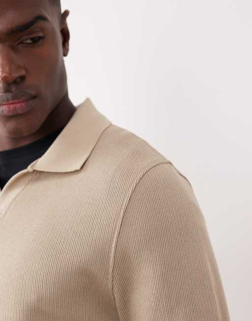 ASOS DESIGN – Beige, ribbad sweatshirt med pikékrage, 5 av 5