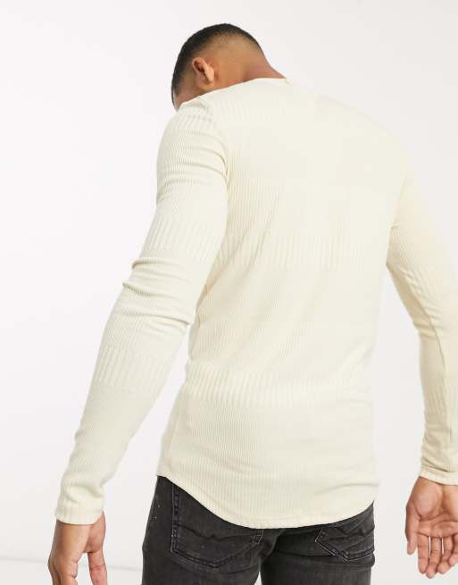 ASOS DESIGN – Beige ribbad t-shirt i muscle fit med lång ärm, 2 av 4