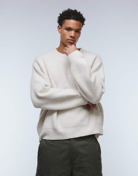 ASOS DESIGN – Beige, ribbstickad fiskartröja i extra oversize med boxig passform - view 1