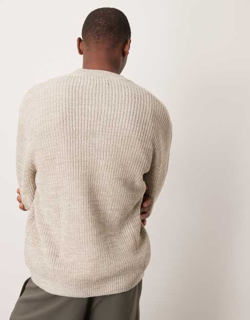ASOS DESIGN – Beige, ribbstickad fiskartröja i oversize med v-ringning, 3 av 4
