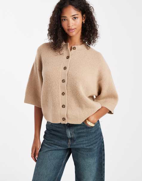 ASOS DESIGN - Beige ribstrikket cardigan med korte ærmer - view 1