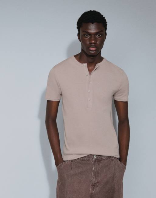 ASOS DESIGN - Beige ribstrikket tætsiddende T-shirt med henley-hals , 2 af 9
