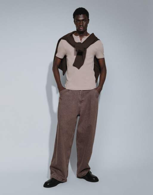 ASOS DESIGN - Beige ribstrikket tætsiddende T-shirt med henley-hals , 3 af 9
