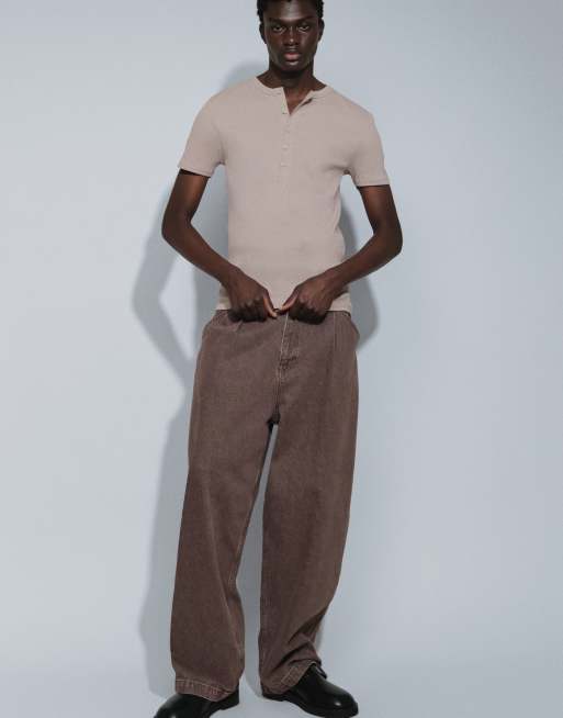ASOS DESIGN - Beige ribstrikket tætsiddende T-shirt med henley-hals , 5 af 9