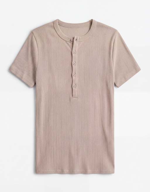 ASOS DESIGN - Beige ribstrikket tætsiddende T-shirt med henley-hals , 6 af 9