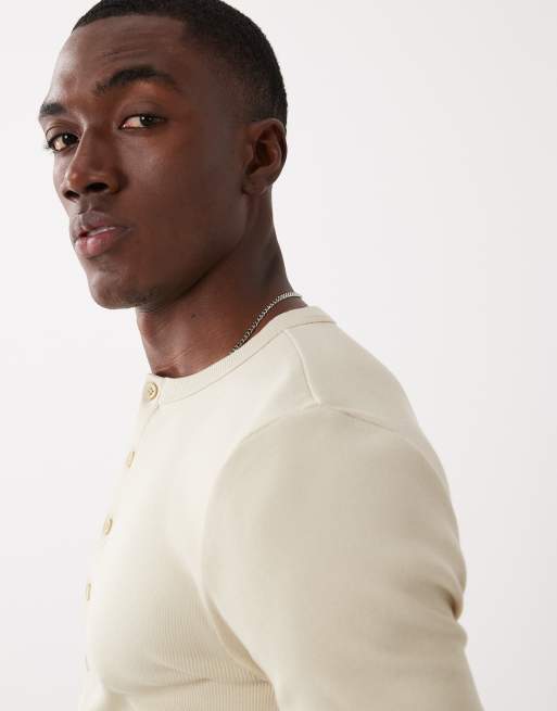ASOS DESIGN - Beige ribstrikket tætsiddende T-shirt med henley-hals , 4 af 5