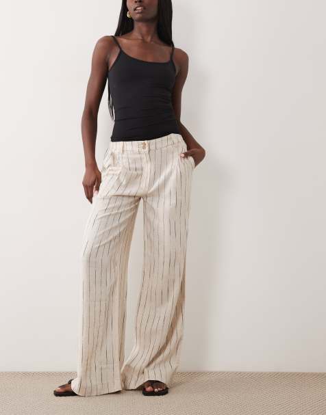 ASOS DESIGN – Beige, sicksackmönstrade byxor i linnemix med vida ben och veck - view 1