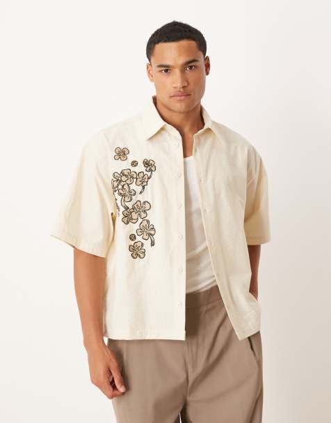 ASOS DESIGN – Beige skjorta i oversize med boxig passform och blomtryck - view 1
