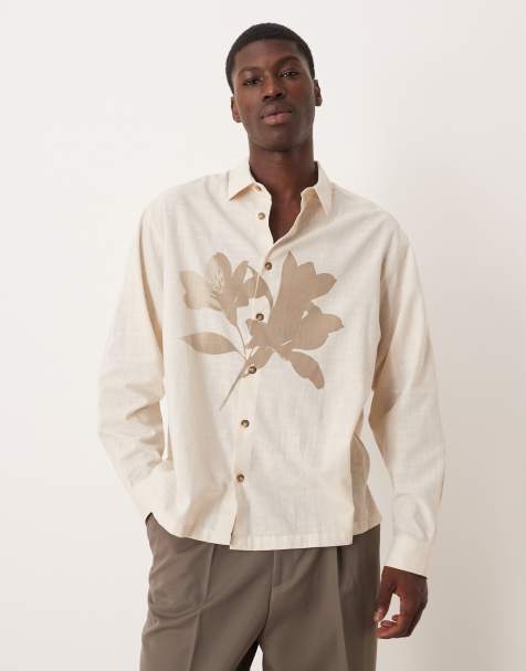 ASOS DESIGN – Beige skjorta i oversize med boxig passform och utplacerade tryck - view 1