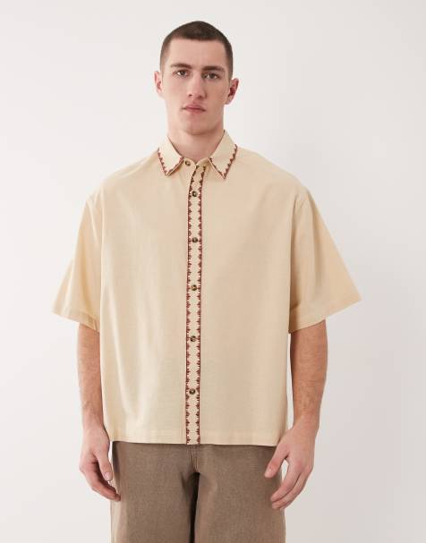 ASOS DESIGN – Beige skjorta i oversize med broderi och boxig passform i linnemix - view 1