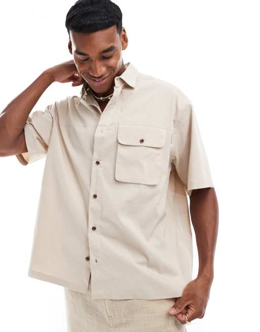 ASOS DESIGN – Beige skjorta med cargofickor