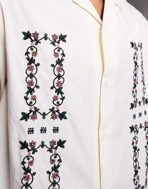 ASOS DESIGN - Beige skjorte med reverskrave og broderier i firkantet pasform, 4 af 4