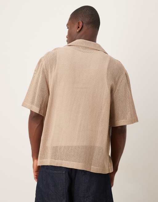 ASOS DESIGN - Beige skjorte med tekstur og dyb reverskrave i firkantet pasform, 3 af 4
