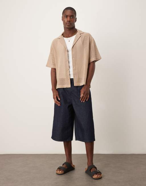 ASOS DESIGN - Beige skjorte med tekstur og dyb reverskrave i firkantet pasform, 4 af 4
