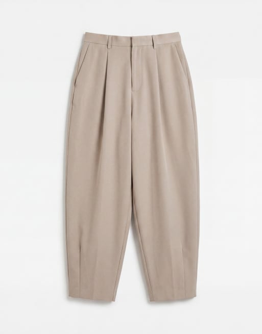 ASOS DESIGN - Beige skræddersyede bukser med barrel-ben og plisseringer, 6 af 7
