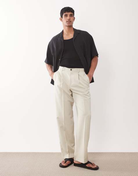 ASOS DESIGN - Beige skræddersyede bukser med brede ben og plisseringer samt synlig knap - view 1