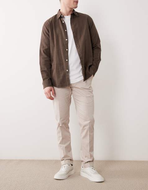 ASOS DESIGN - Beige skræddersyede slim fit-chinos i bomuldsrigt stof med opsmøgede buksekanter - view 1