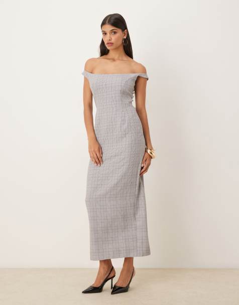 ASOS DESIGN - Beige skræddersyet pencil-midikjole med offshoulder-design og tern - view 1