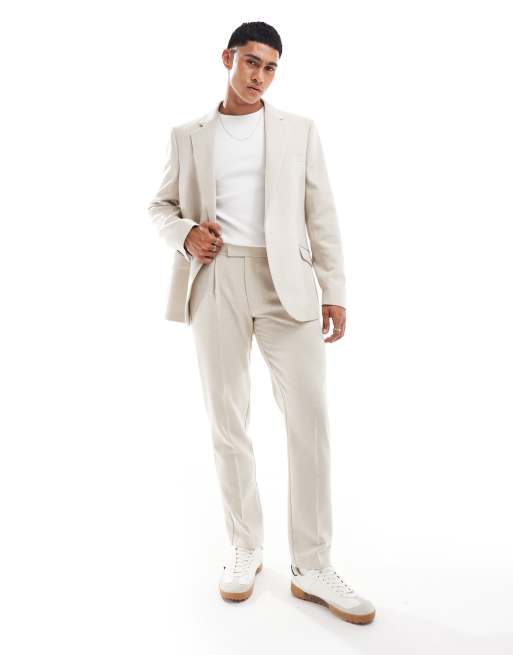 ASOS DESIGN - Beige slim-habitbukser i uldblanding med sildebensmønster