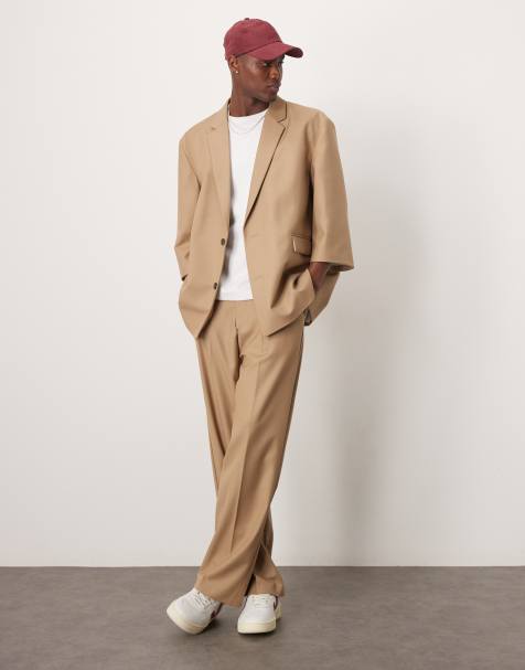 ASOS DESIGN – Beige, slubvävd kostym i oversize och linnemix med halvlånga ärmar - view 1