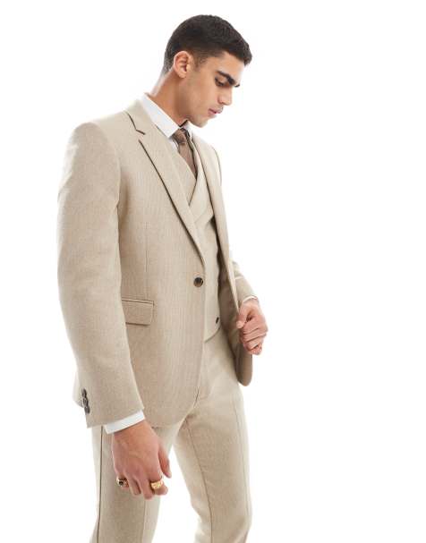 ASOS DESIGN – Beige, smal och dubbelknäppt kavaj strukturvävd ull, del av kostym - view 1