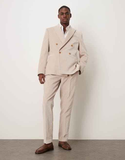 ASOS DESIGN – Beige, smala kostymbyxor i bomullssammet med veck framtill, del av kostym