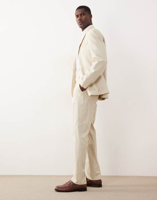 ASOS DESIGN – Beige, smala kostymbyxor i linnelook av 100% bomull, del av kostym, 3 av 5