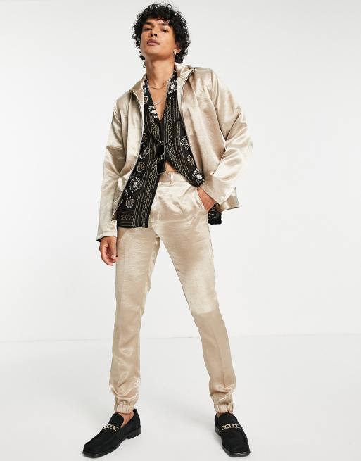 ASOS DESIGN – Beige smala smarta joggingbyxor i satin, del av set