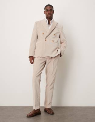 ASOS DESIGN – Beige, smala, tunna kostymbyxor i bomullssammet med veck framtill, del av kostym - view 1