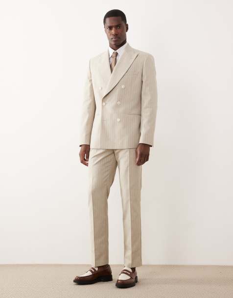 ASOS DESIGN - Beige smalt jakkesæt med nålestriber i hørblanding - view 1
