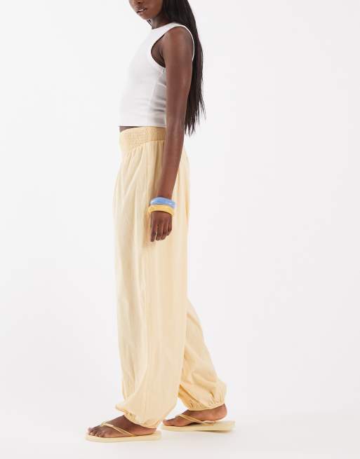 ASOS DESIGN – Beige, smockade byxor i linnemix med ballongben, del av set, 3 av 5